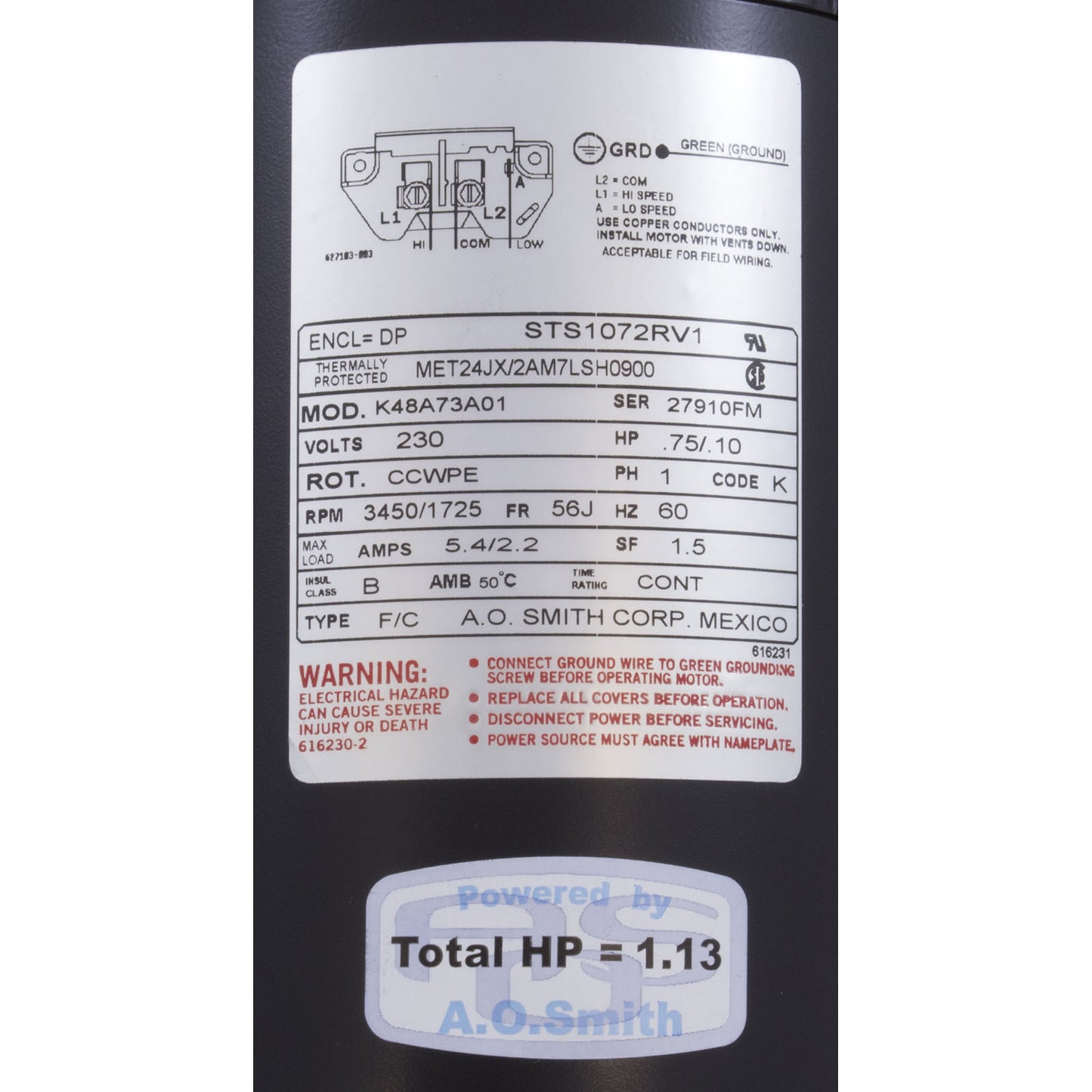 Motor, Century, 0.75hp, 230v, 2-Spd, 56Jfr, C-Face Thd