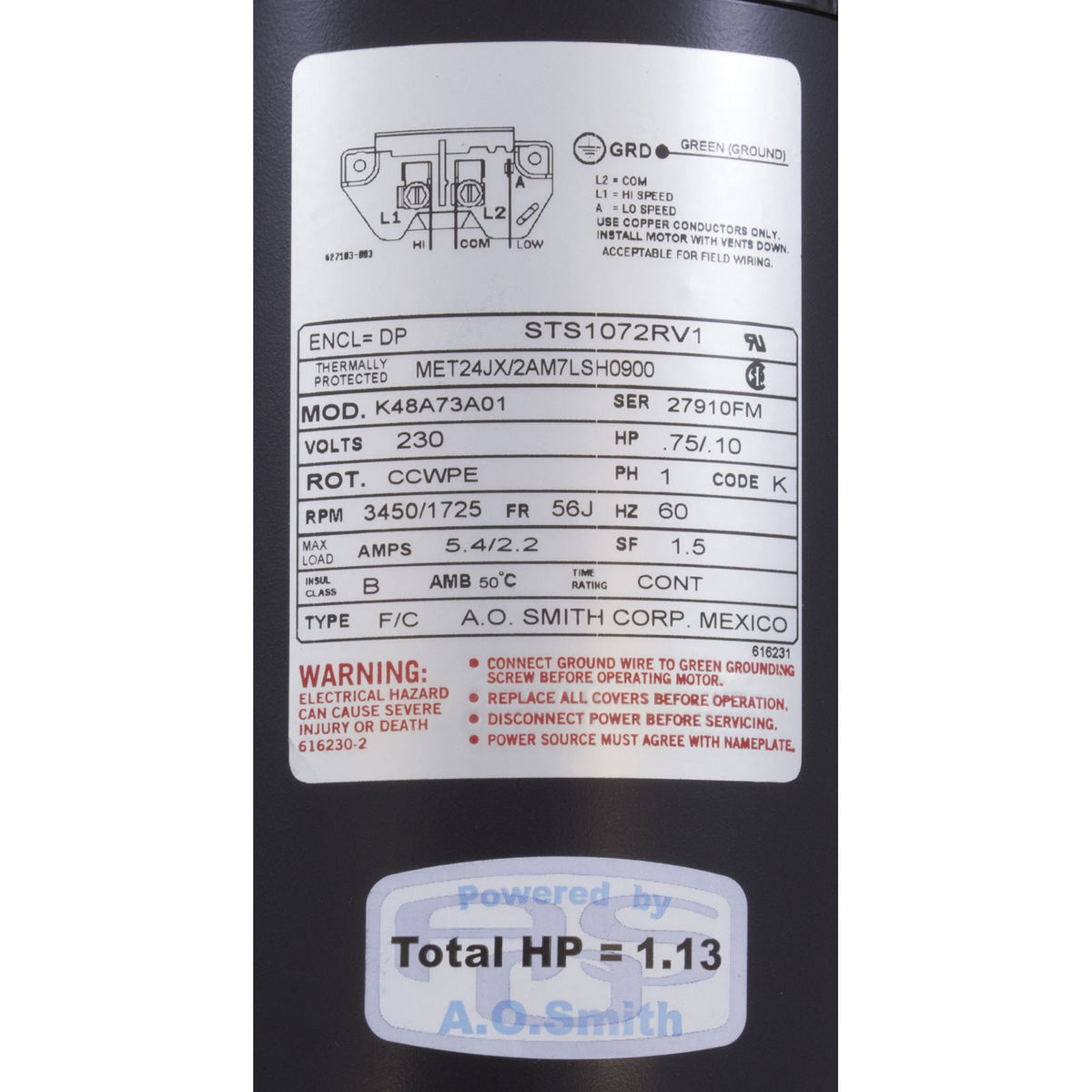 Motor, Century, 0.75hp, 230v, 2-Spd, 56Jfr, C-Face Thd
