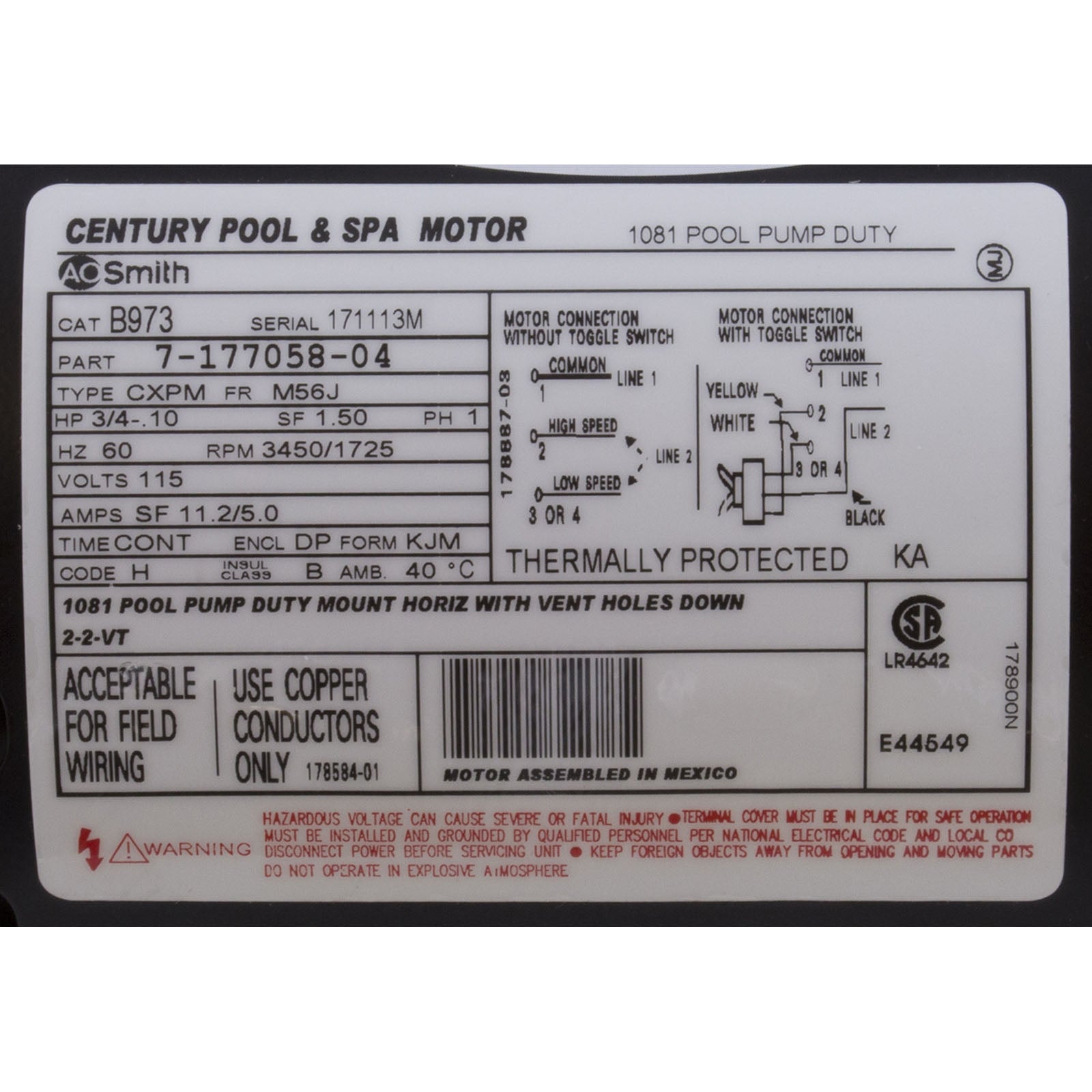 Motor, Century, 0.75hp, 115v, 2-Spd, 56Jfr, C-Face Thd