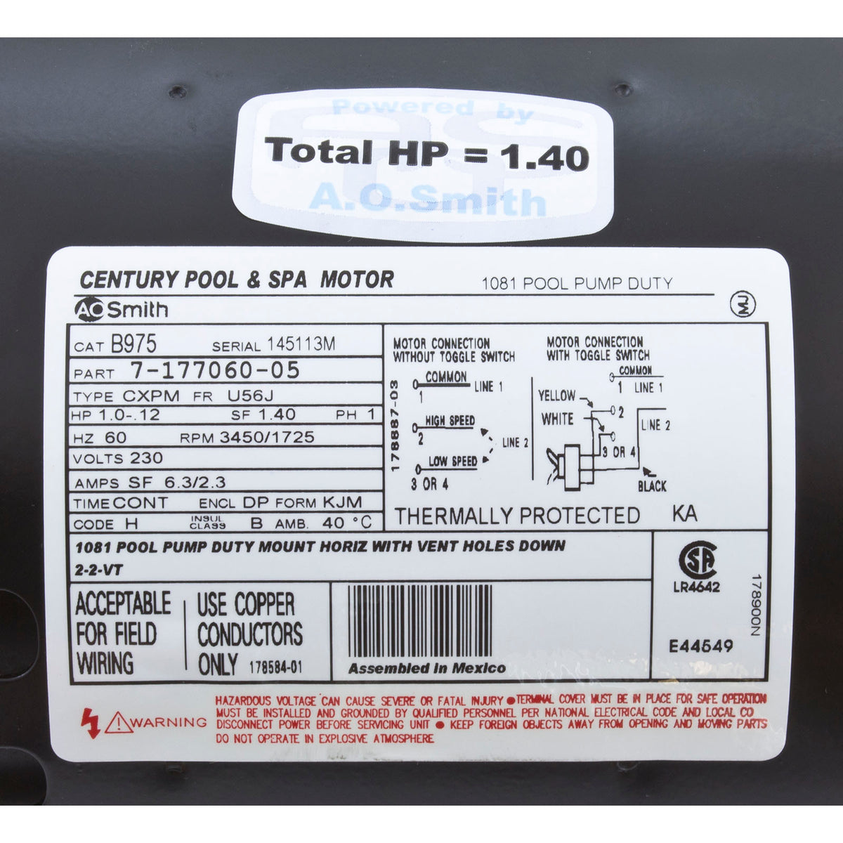 Motor, Century, 1.0hp, 230v, 2-Spd, 56Jfr, C-Face Threaded