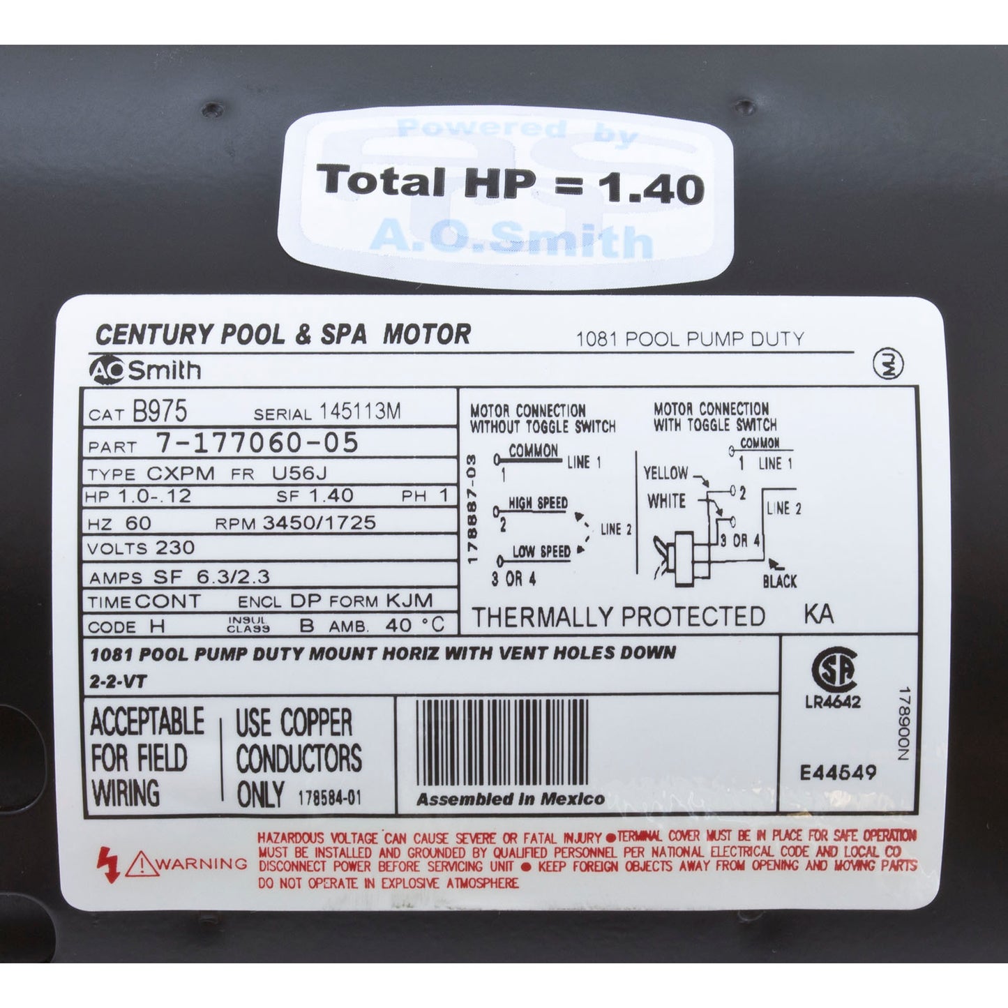 Motor, Century, 1.0hp, 230v, 2-Spd, 56Jfr, C-Face Threaded