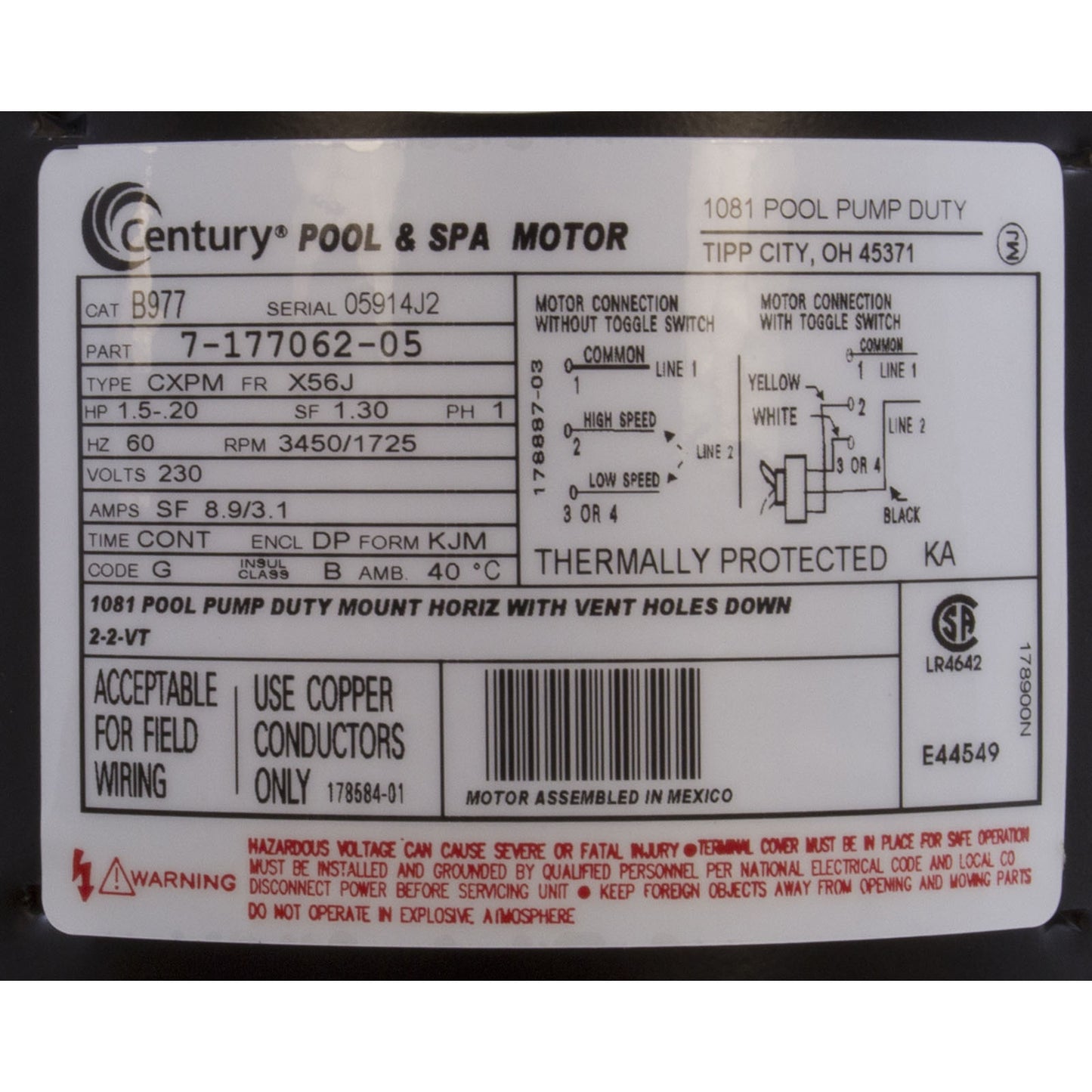 Motor, Century, 1.5hp, 230v, 2-Spd, 56Jfr, C-Face Thd