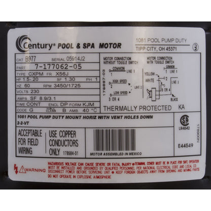 Motor, Century, 1.5hp, 230v, 2-Spd, 56Jfr, C-Face Thd