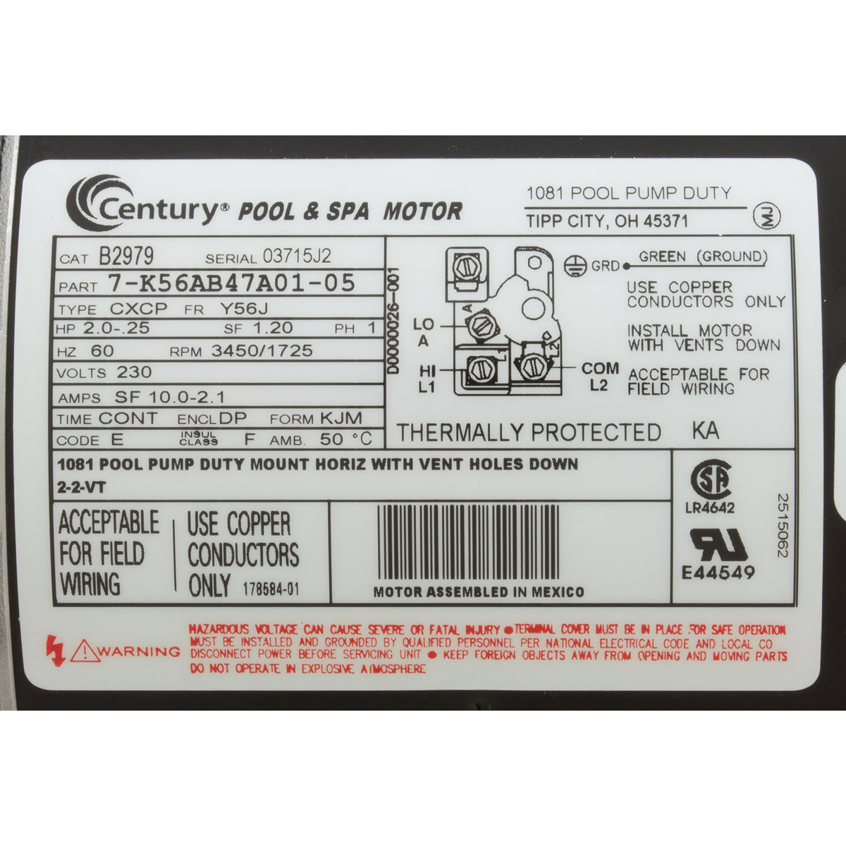 Motor, Century, 2.0hp, 230v, 2-Spd, 56Jfr, C-Face Thd