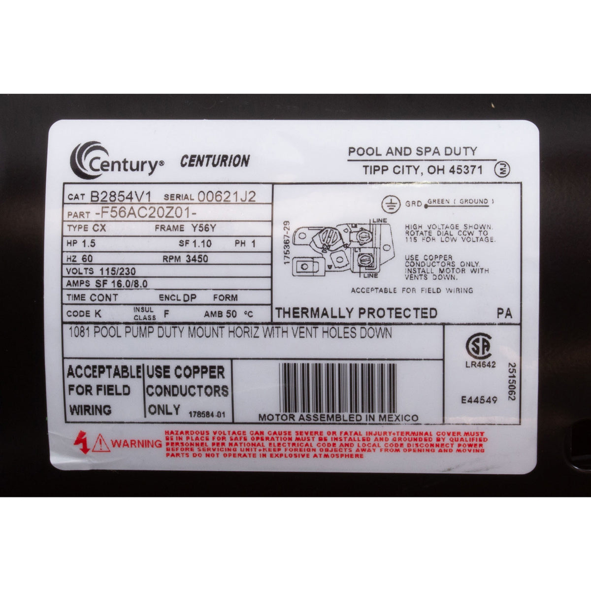 Motor, Century, 1.5hp, 115/230v, 16/8Amp, 1-Speed, 56Fr