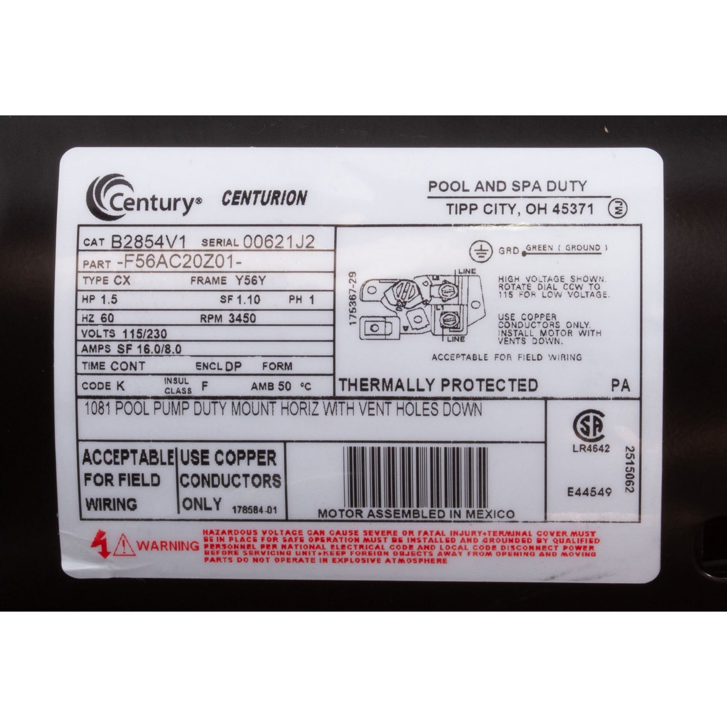 Motor Century, 1,5 hp, 115/230 V, 16/8 A, 1 velocidad, 56 Fr