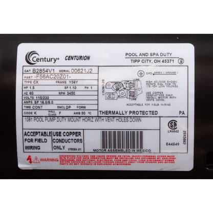 Motor Century, 1,5 hp, 115/230 V, 16/8 A, 1 velocidad, 56 Fr