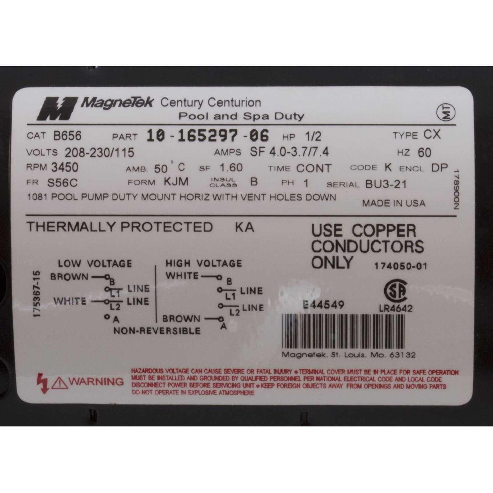 Motor, Century,0.5hp,115v/230v,1-Spd,56Cfr,C-Face Key,EE
