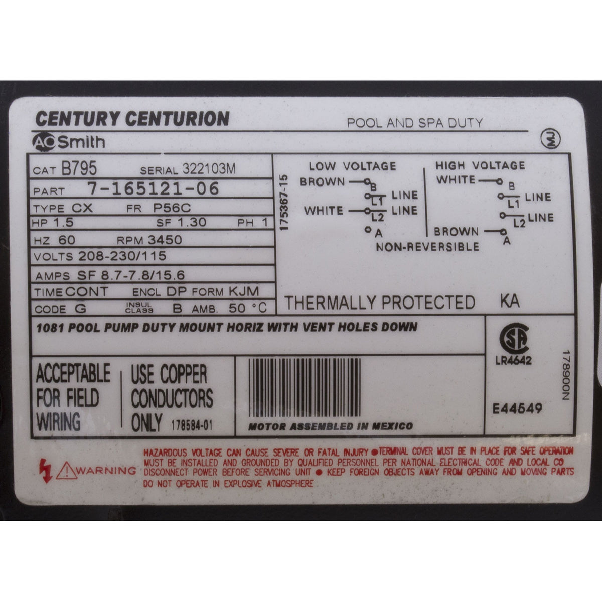 Motor, Century, 1.5hp 115v/208-230v, 1-Spd, 56Cfr, C-Face Key, EE