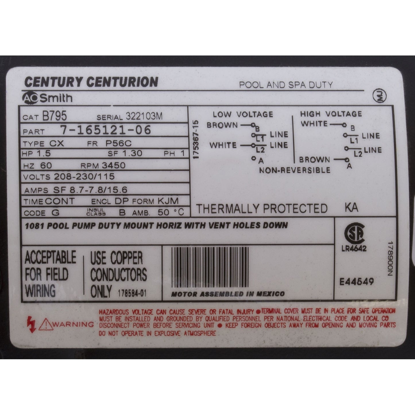 Motor, Century, 1.5hp 115v/208-230v, 1-Spd, 56Cfr, C-Face Key, EE