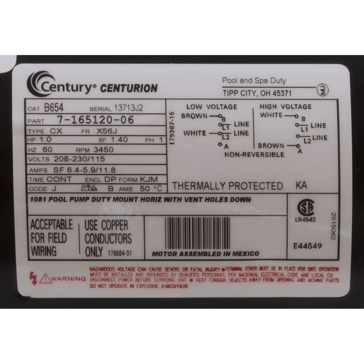 Motor, Century, 1.0hp, 115v/230v, 1-Spd, 56Jfr, C-Face Thd, EE