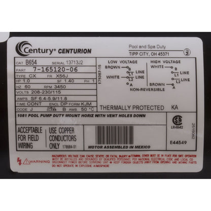 Motor, Century, 1.0hp, 115v/230v, 1-Spd, 56Jfr, C-Face Thd, EE