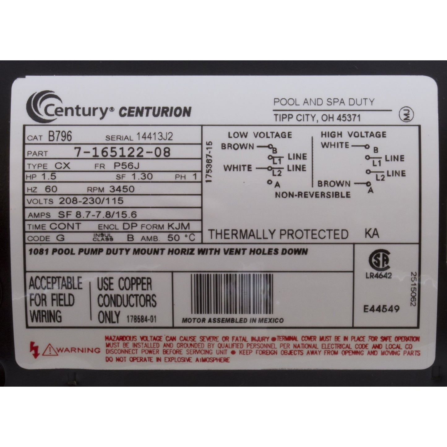 Motor, Century, 1.5hp, 115v/230v, 1-Spd, 56Jfr, C-Face Thd, EE