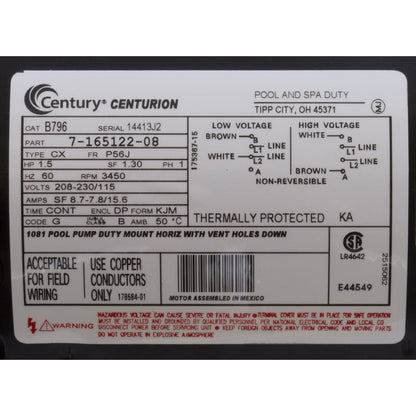 Motor, Century, 1.5hp, 115v/230v, 1-Spd, 56Jfr, C-Face Thd, EE