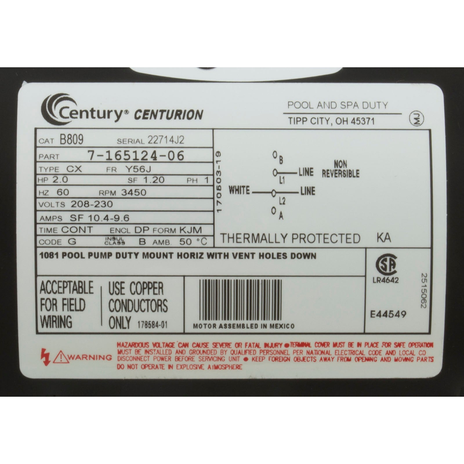 Motor, Century, 2.0hp, 208v-230v, 1-Spd, 56Jfr, C-Face Thd, EE
