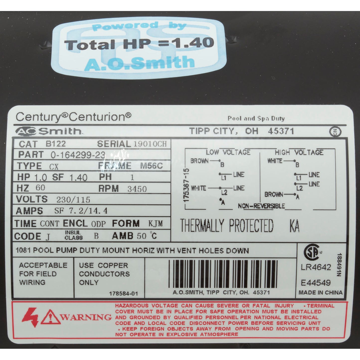 Motor Century, 1,0 hp, 115 V/230 V, 1 velocidad, M56Cfr, llave en forma de C