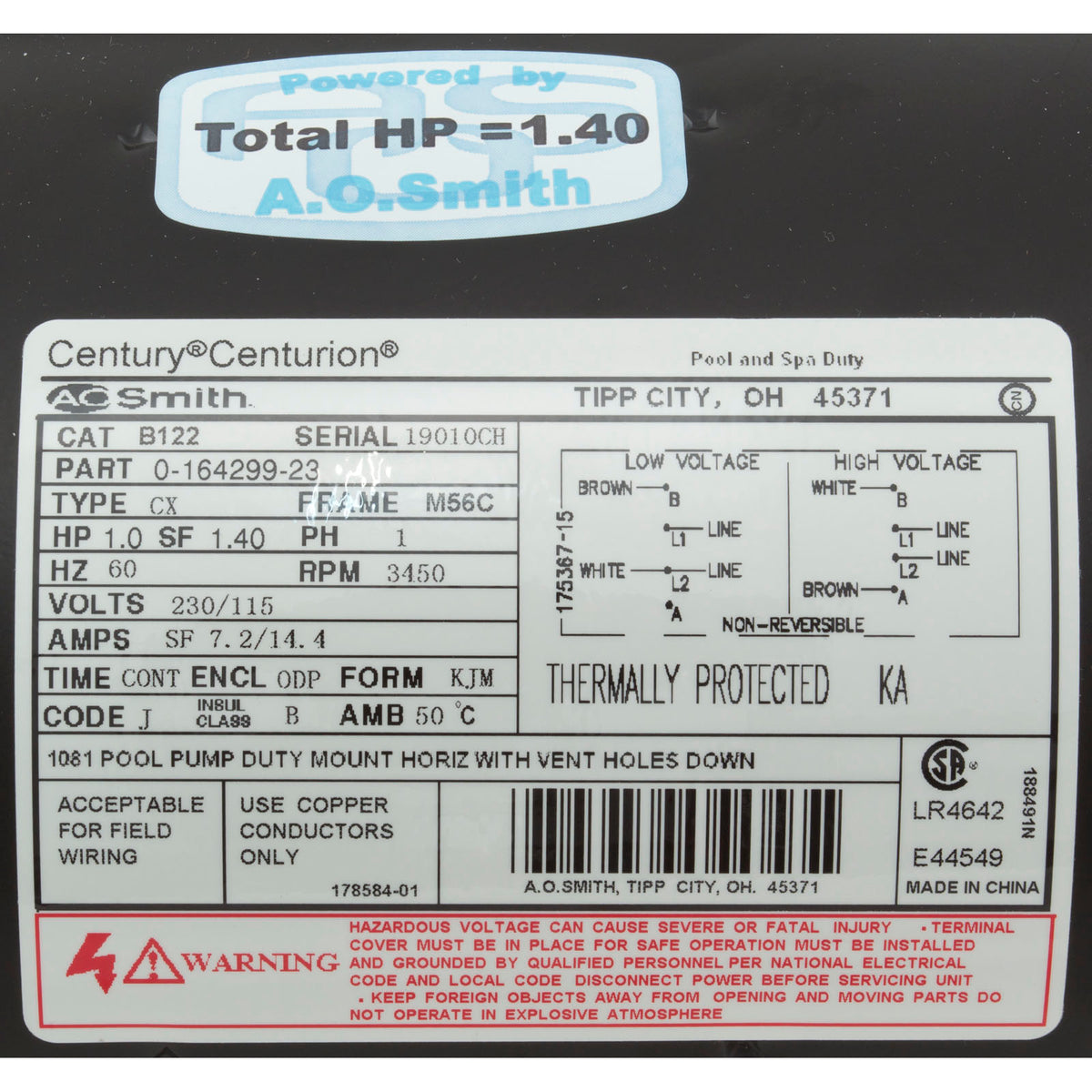 Motor, Century, 1.0hp, 115v/230v, 1-Spd, M56Cfr, C-Face Key