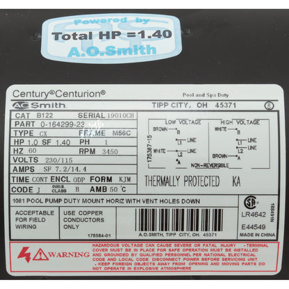 Motor Century, 1,0 hp, 115 V/230 V, 1 velocidad, M56Cfr, llave en forma de C