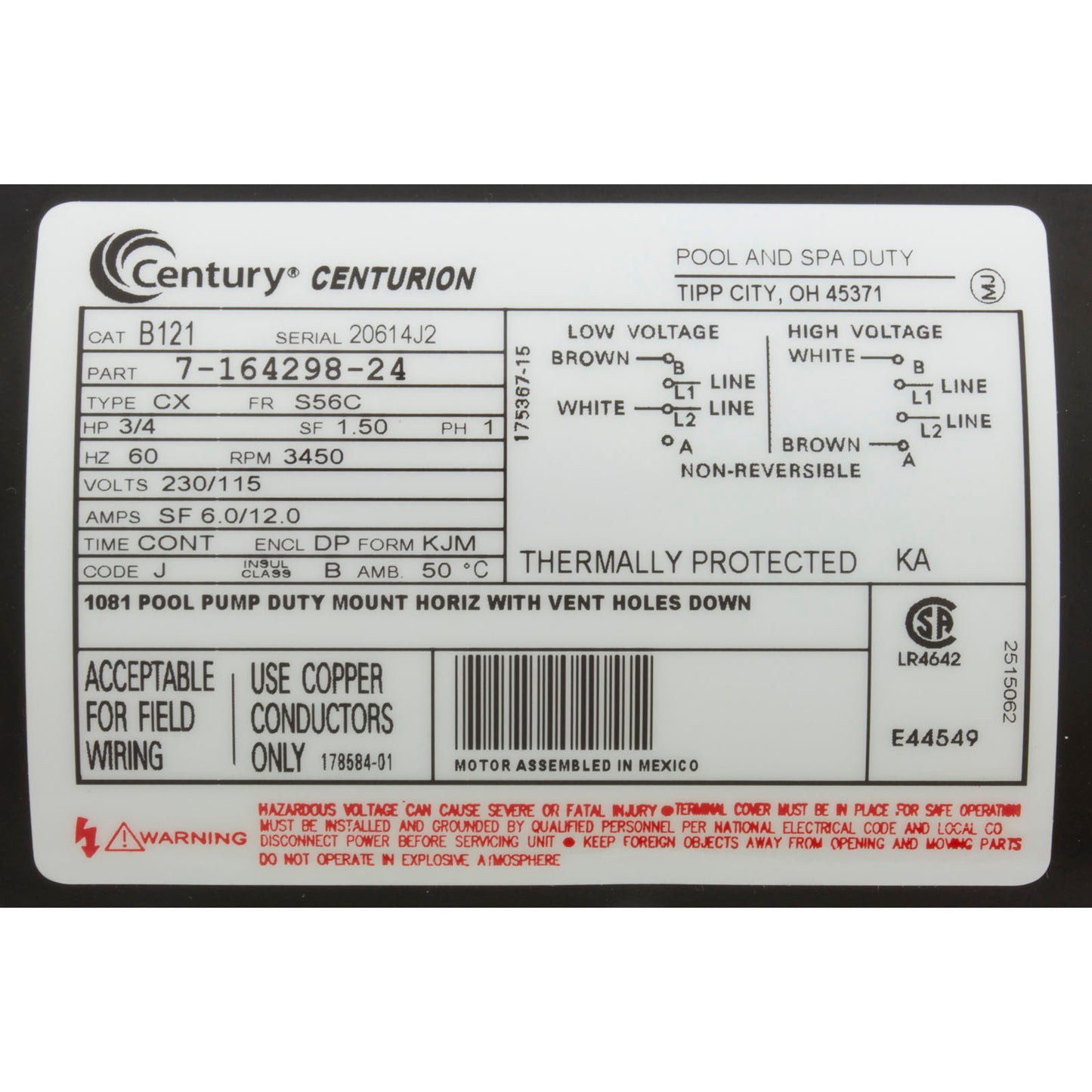 Motor, Century, 0.75hp, 115v/230v, 1-Spd, 56Cfr, C-Face Key