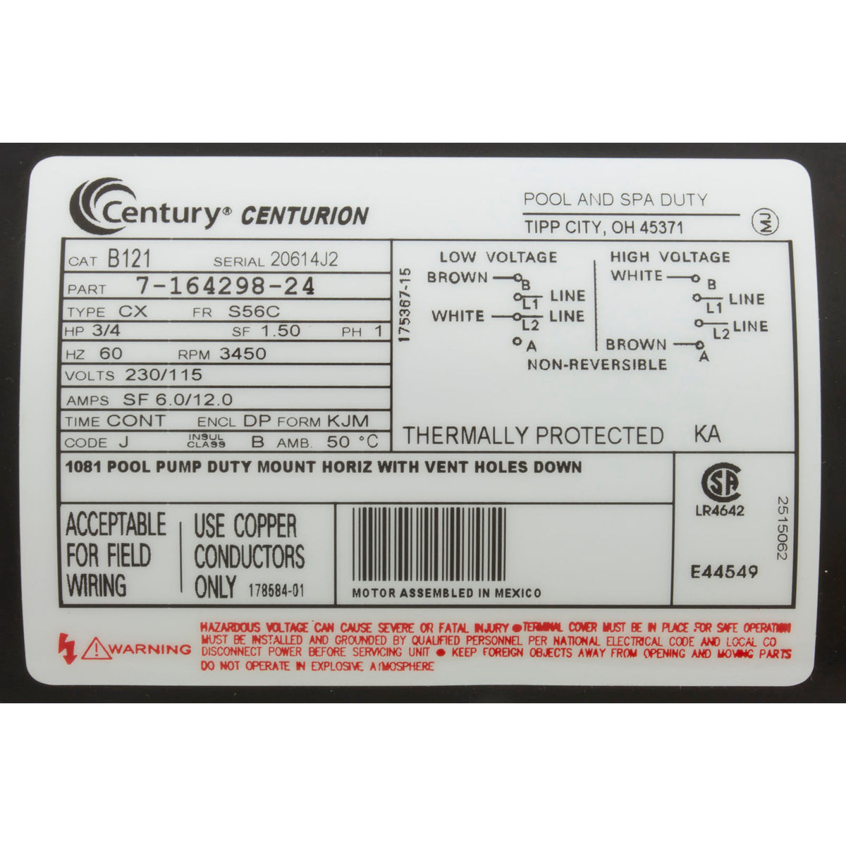Motor, Century, 0.75hp, 115v/230v, 1-Spd, 56Cfr, C-Face Key