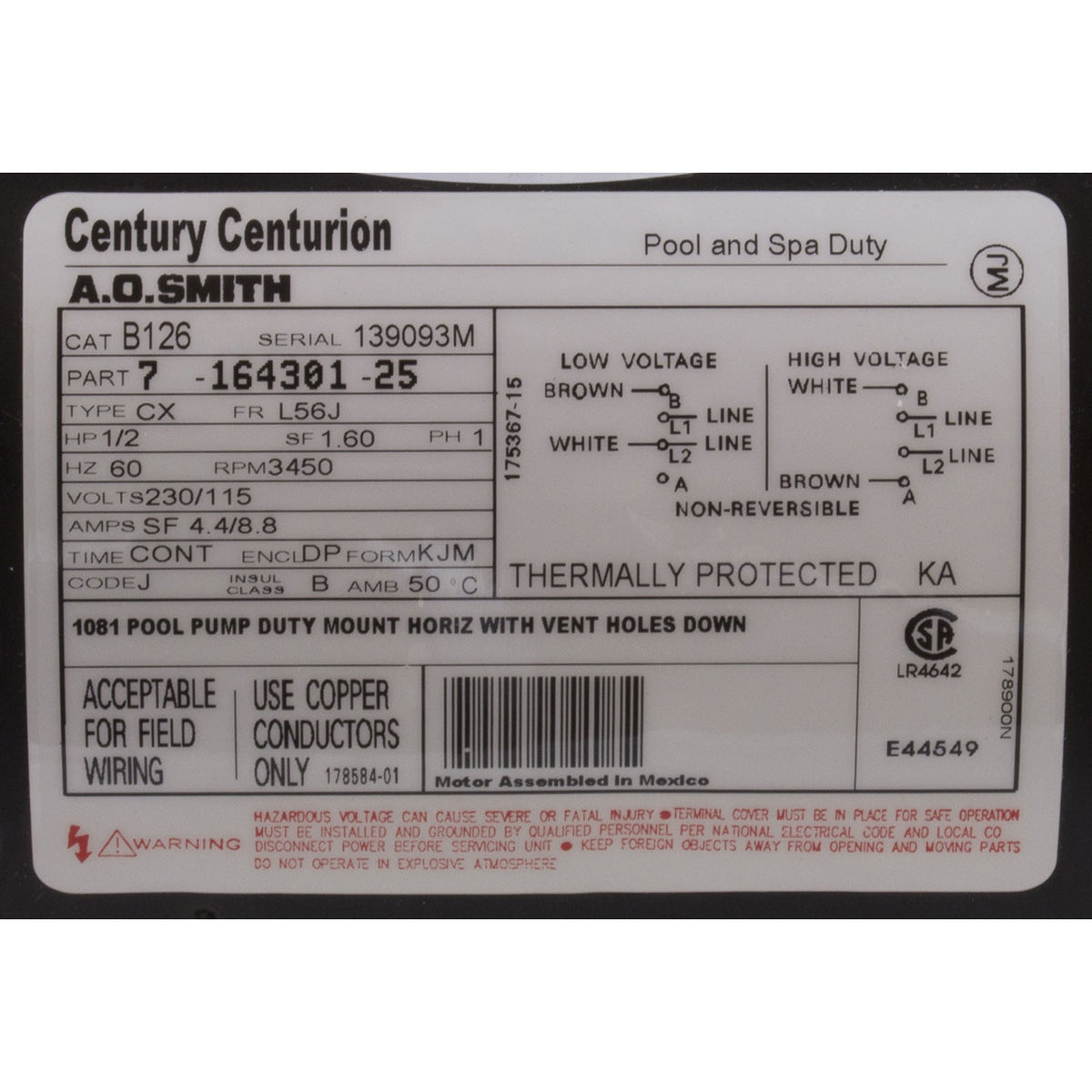Motor, Century, 0.5hp, 115v/230v, 1-Spd, 56Jfr, C-Face Thd