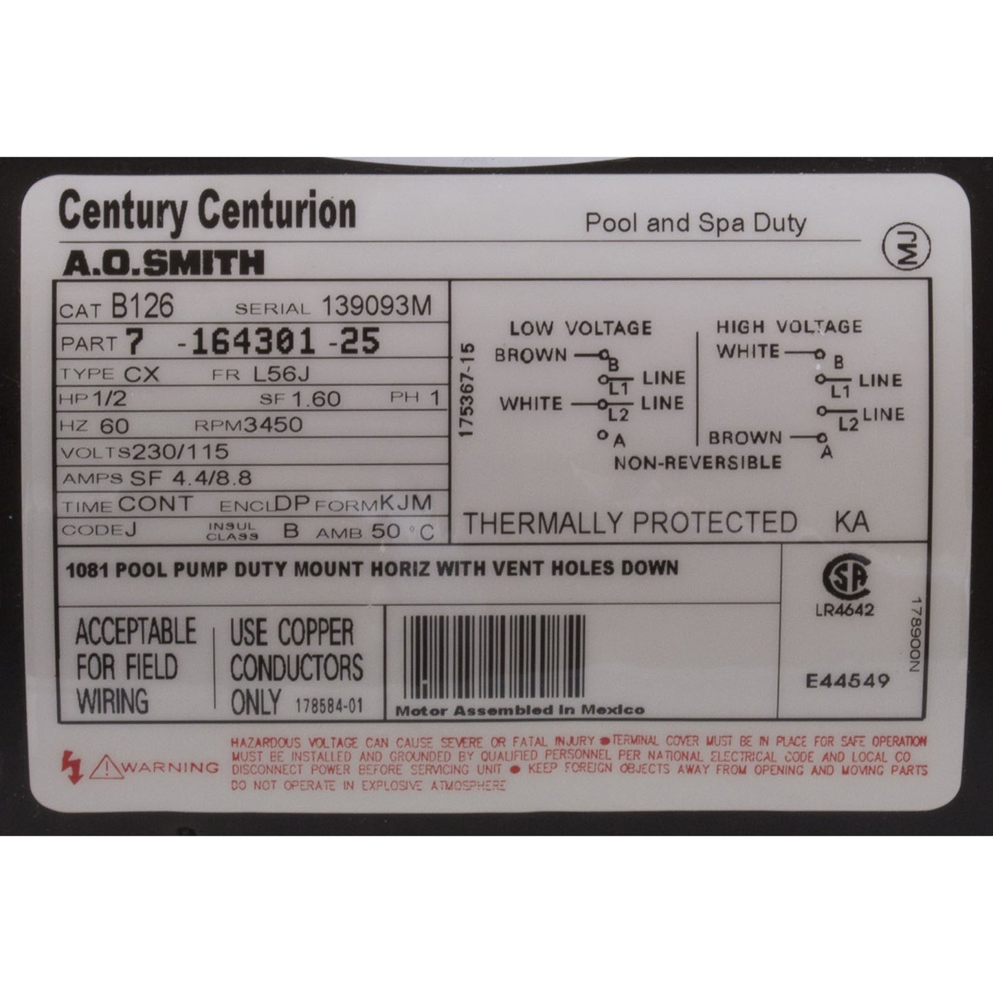 Motor, Century, 0.5hp, 115v/230v, 1-Spd, 56Jfr, C-Face Thd