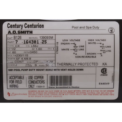 Motor, Century, 0.5hp, 115v/230v, 1-Spd, 56Jfr, C-Face Thd