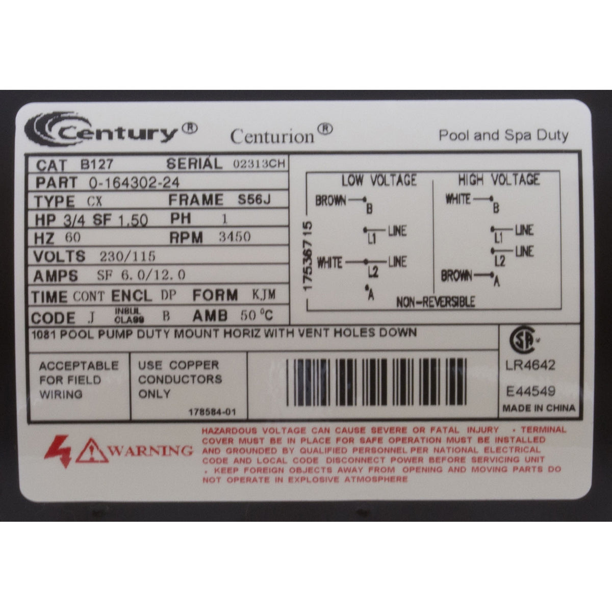 A.O. Smith-Motor, Century, 0.75hp, 115v/230v, 1-Spd, 56Jfr, C-Face Thd