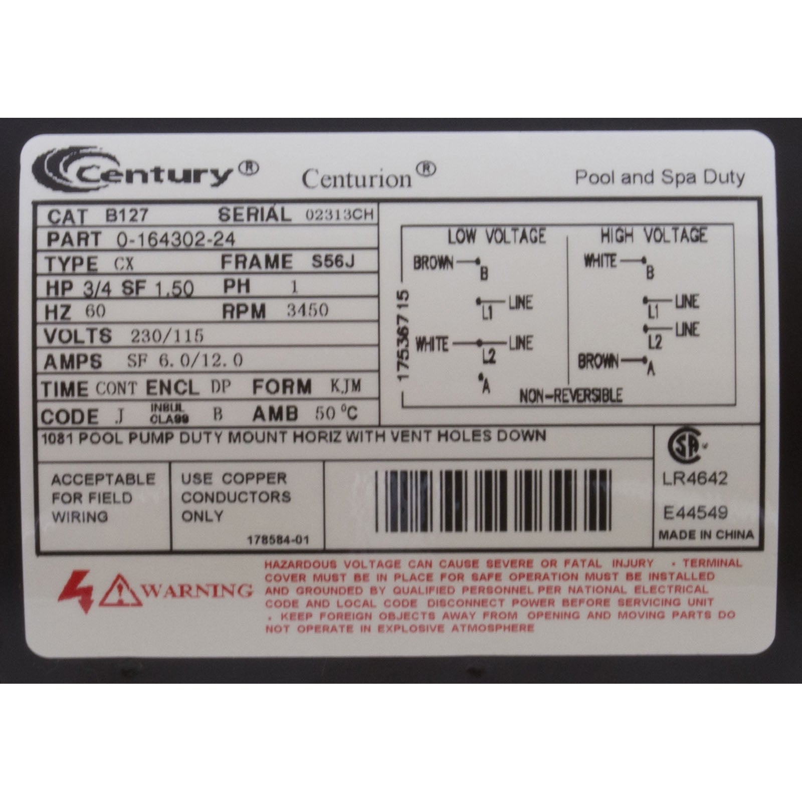 A.O. Smith-Motor, Century, 0.75hp, 115v/230v, 1-Spd, 56Jfr, C-Face Thd