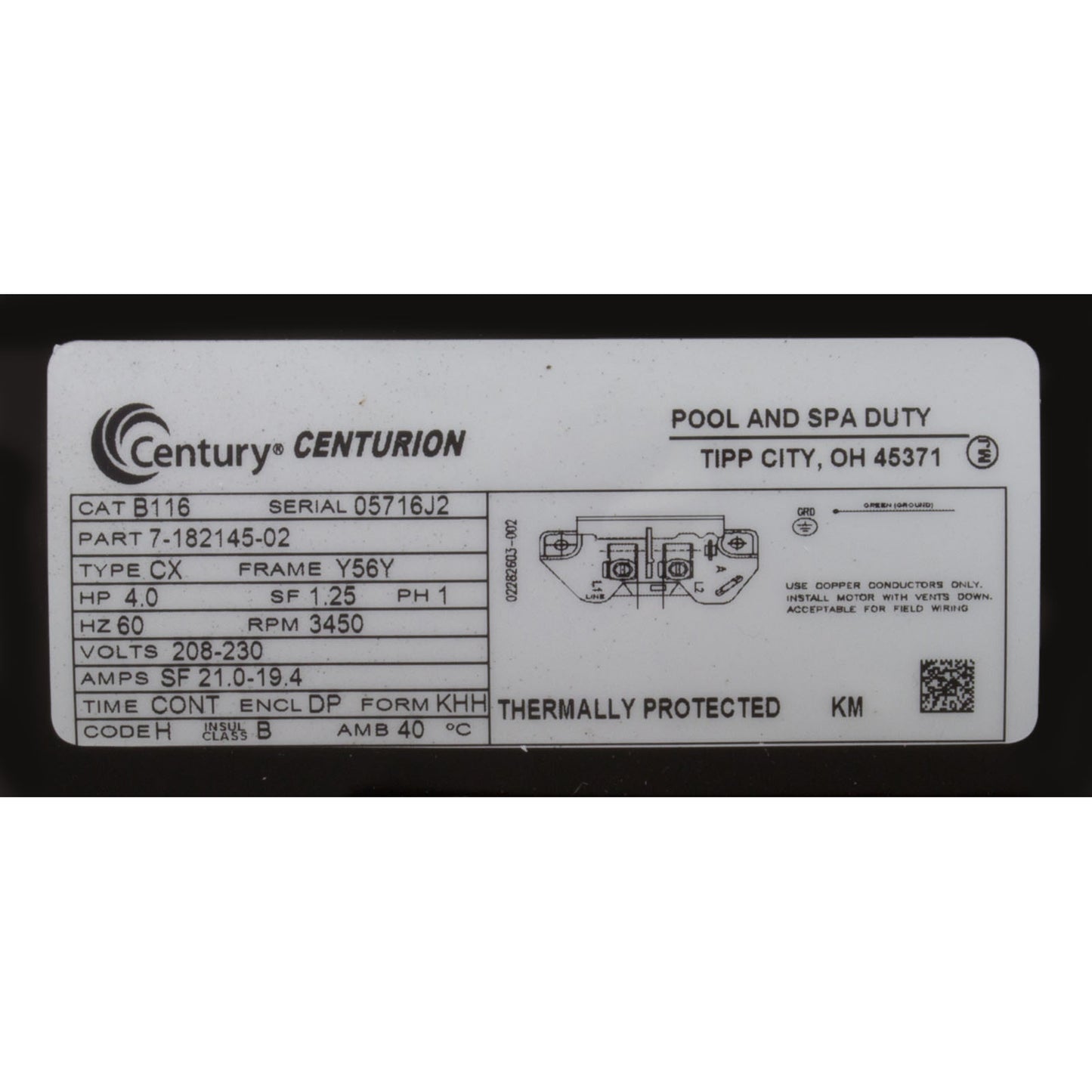 Motor, Century, 4.0hp, 208v-230v, 1-Spd, 56Yfr, C-Face