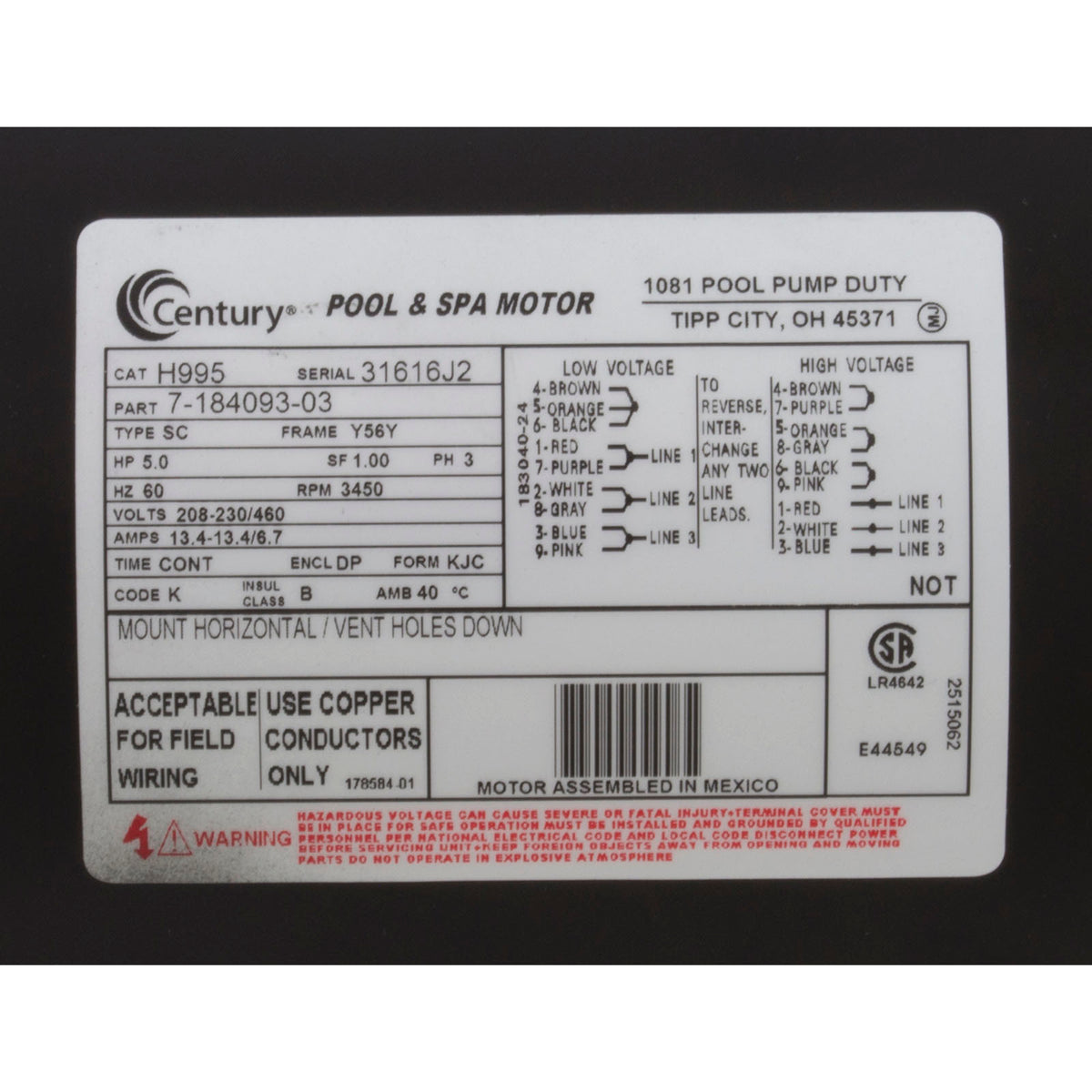 Motor, Century, 5.0hp, 208-230v/460v, SQFL, 56Y Frame, 3 Phase, THD