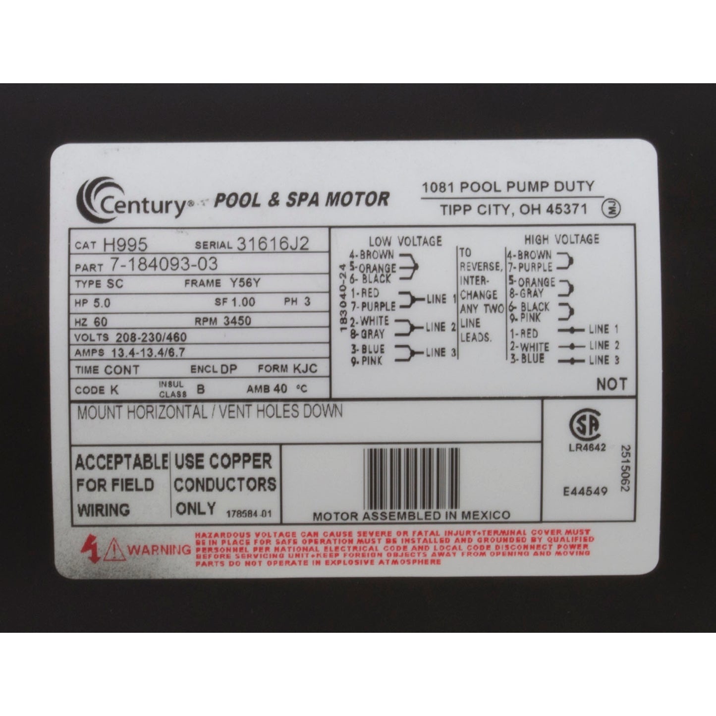 Motor, Century, 5.0hp, 208-230v/460v, SQFL, 56Y Frame, 3 Phase, THD