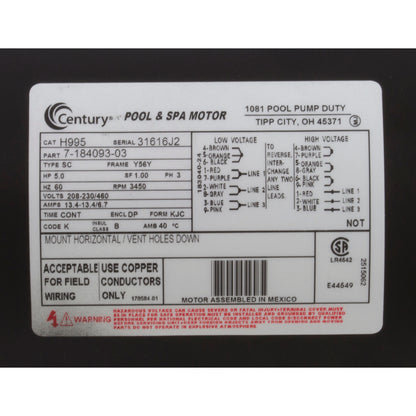 Motor, Century, 5.0hp, 208-230v/460v, SQFL, 56Y Frame, 3 Phase, THD