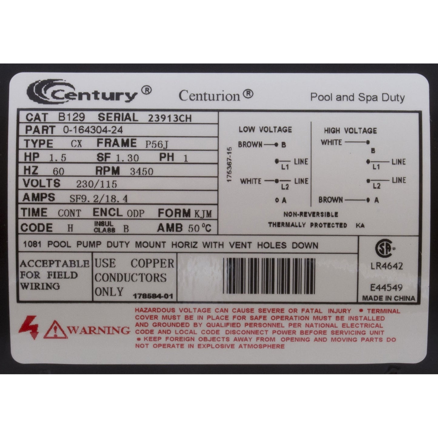 Motor, Century, 1.5hp, 115v/230v, 1-Spd, 56Jfr, C-Face Thd