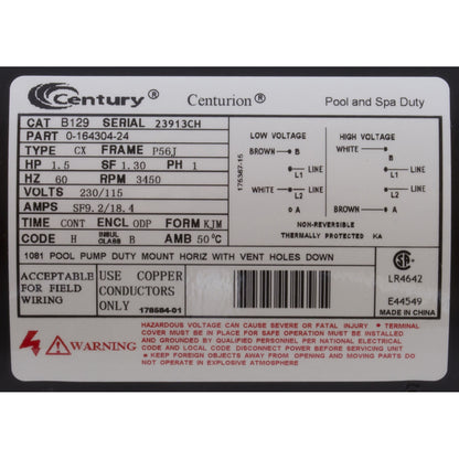 Motor, Century, 1.5hp, 115v/230v, 1-Spd, 56Jfr, C-Face Thd