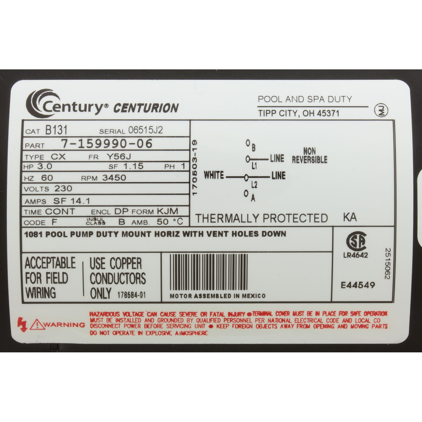 Motor, Century, 3.0hp, 230v, 1-Spd, 56Jfr, C-Face Thd