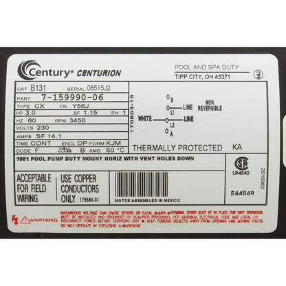 Motor, Century, 3.0hp, 230v, 1-Spd, 56Jfr, C-Face Thd