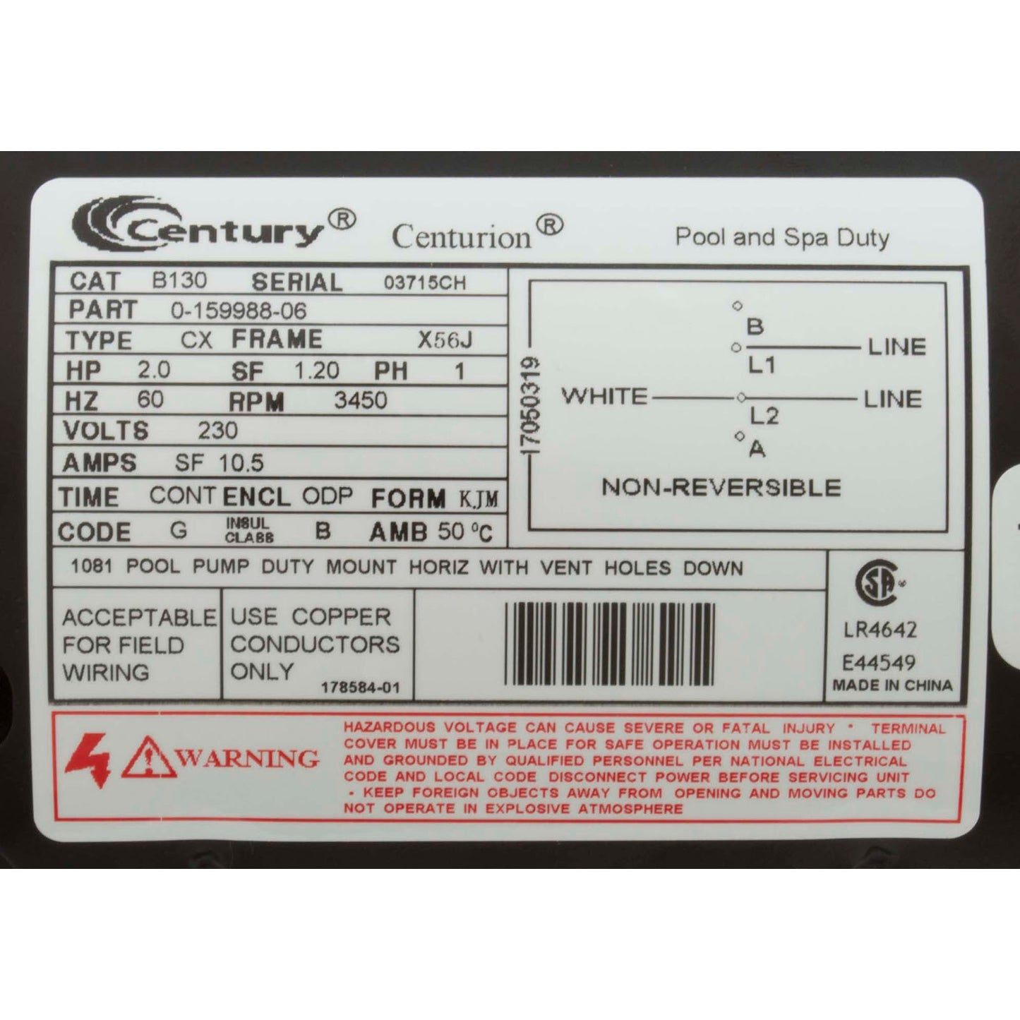 Motor, Century, 2.0hp, 230v, 1-Spd, 56Jfr, C-Face Thd