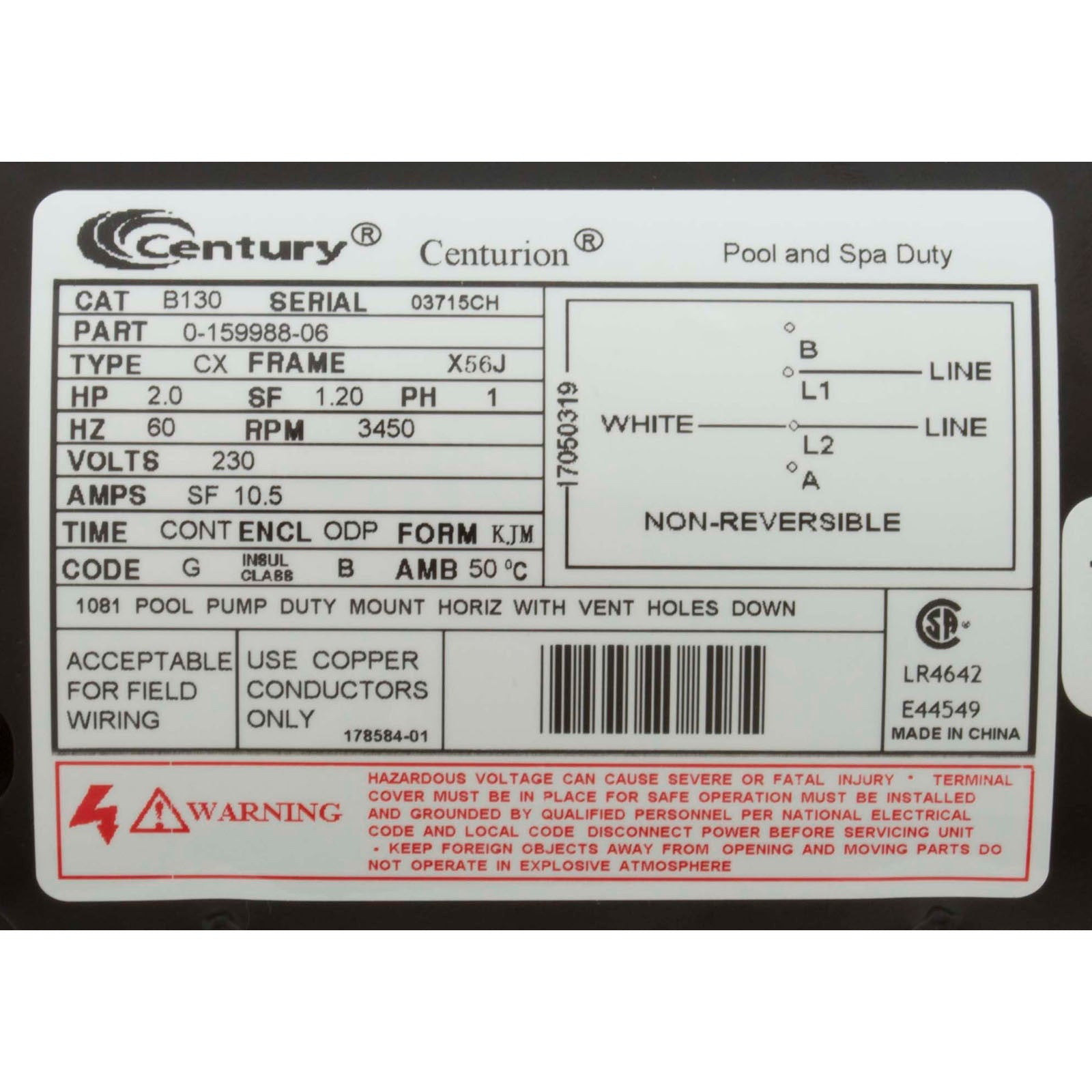 Motor, Century, 2.0hp, 230v, 1-Spd, 56Jfr, C-Face Thd