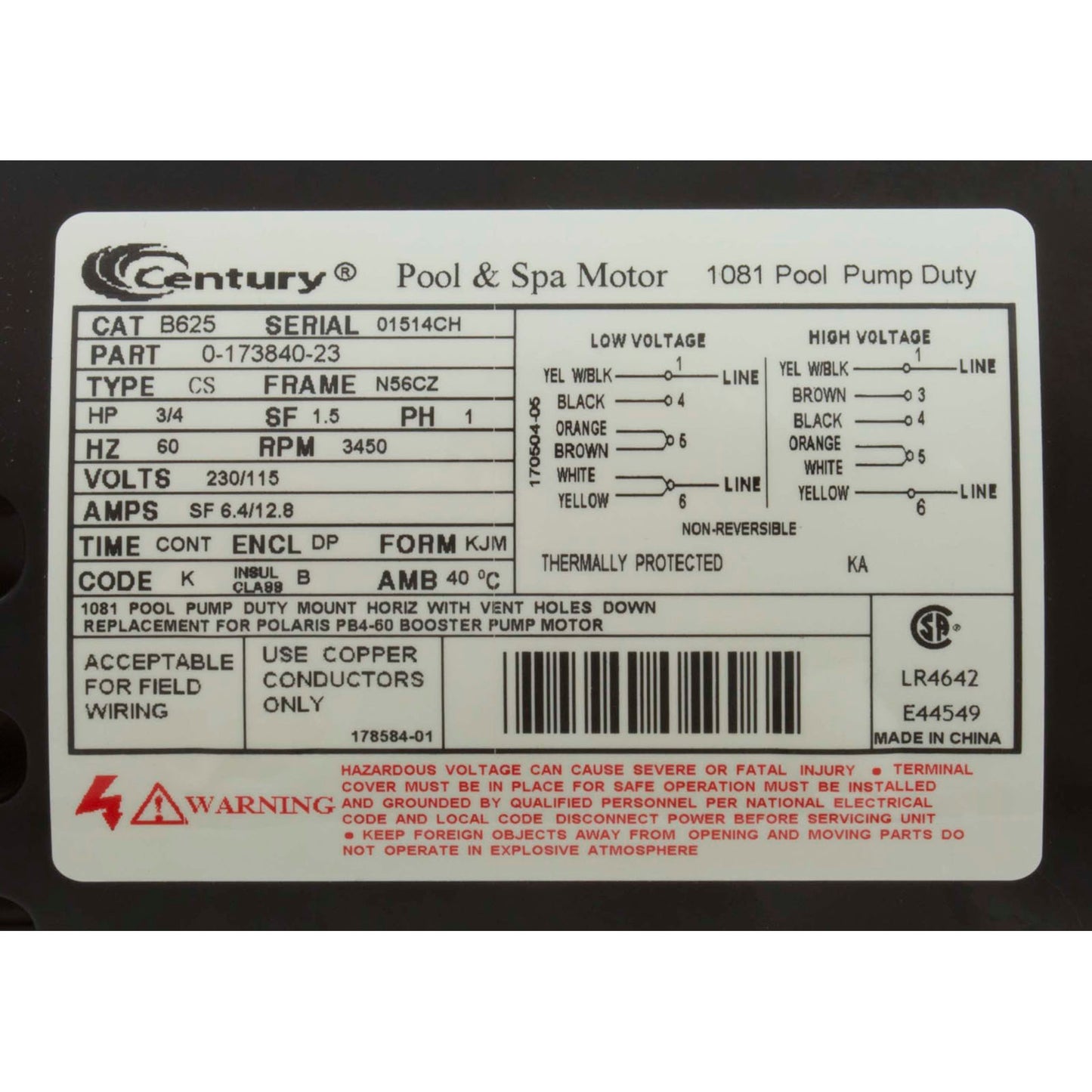 Motor, Century, 0.75hp, 115v/230v, 1-Spd, Polaris Booster Pump