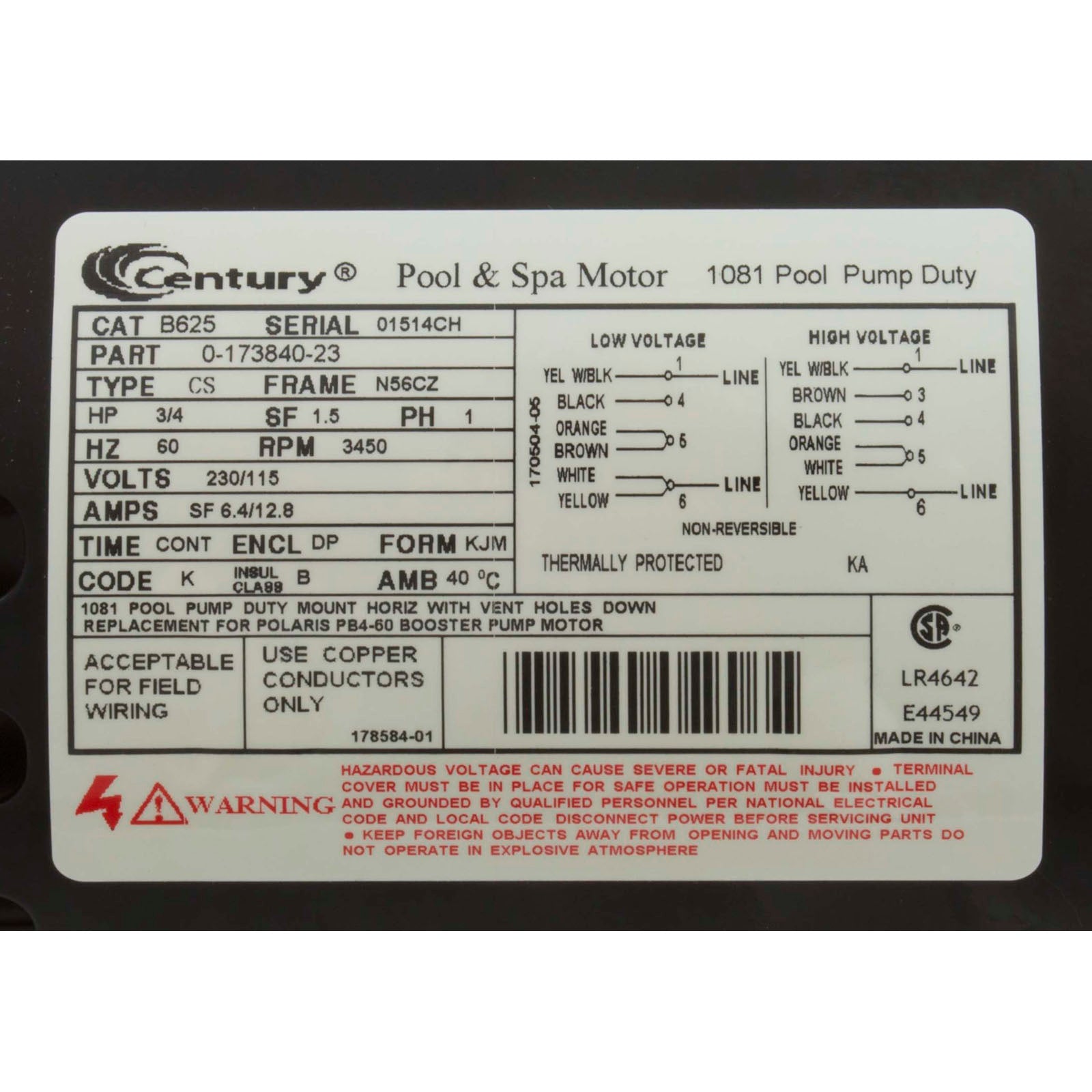 Motor, Century, 0.75hp, 115v/230v, 1-Spd, Polaris Booster Pump