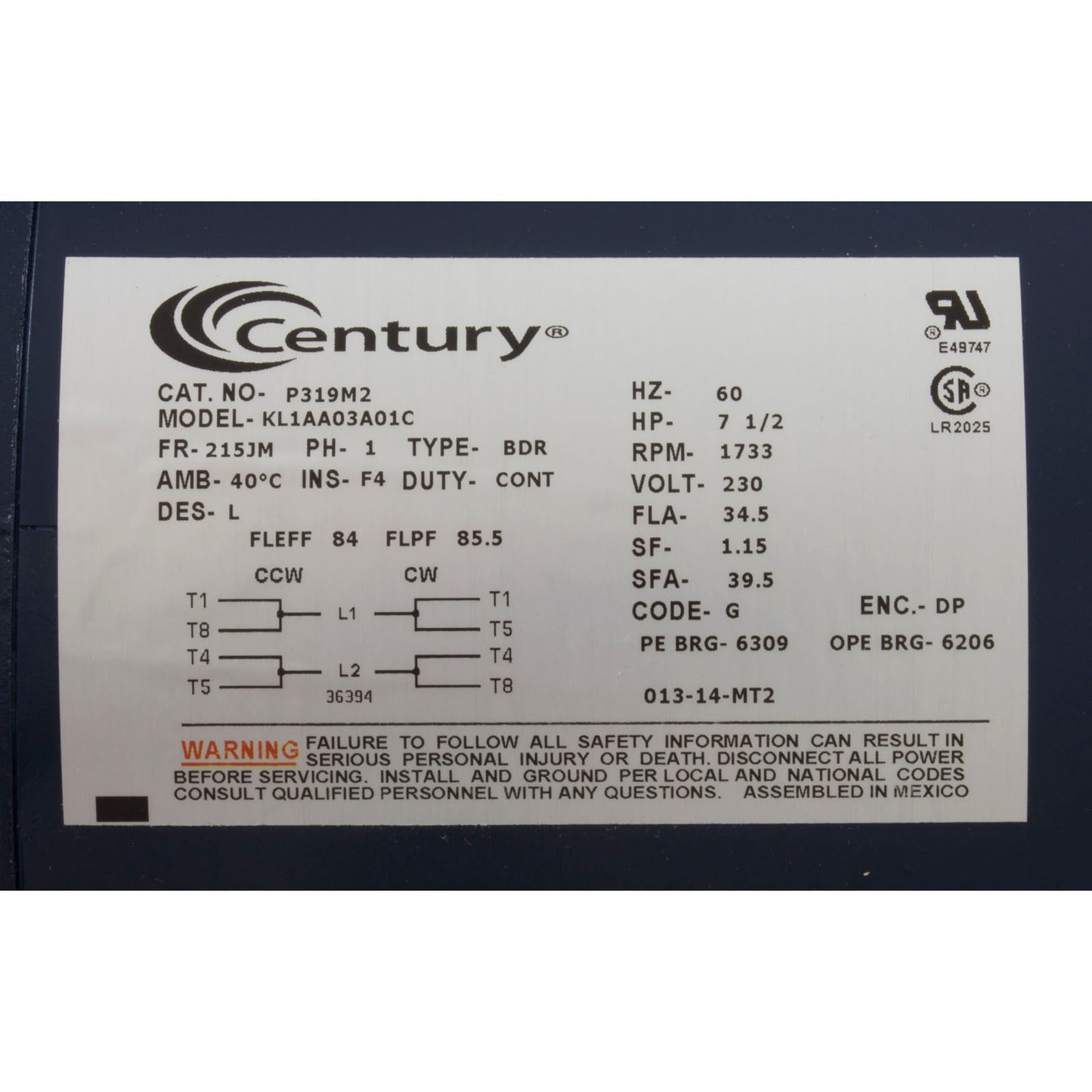 Motor, Century, 7.5hp, 230v, 1 Spd, 215JM Frame