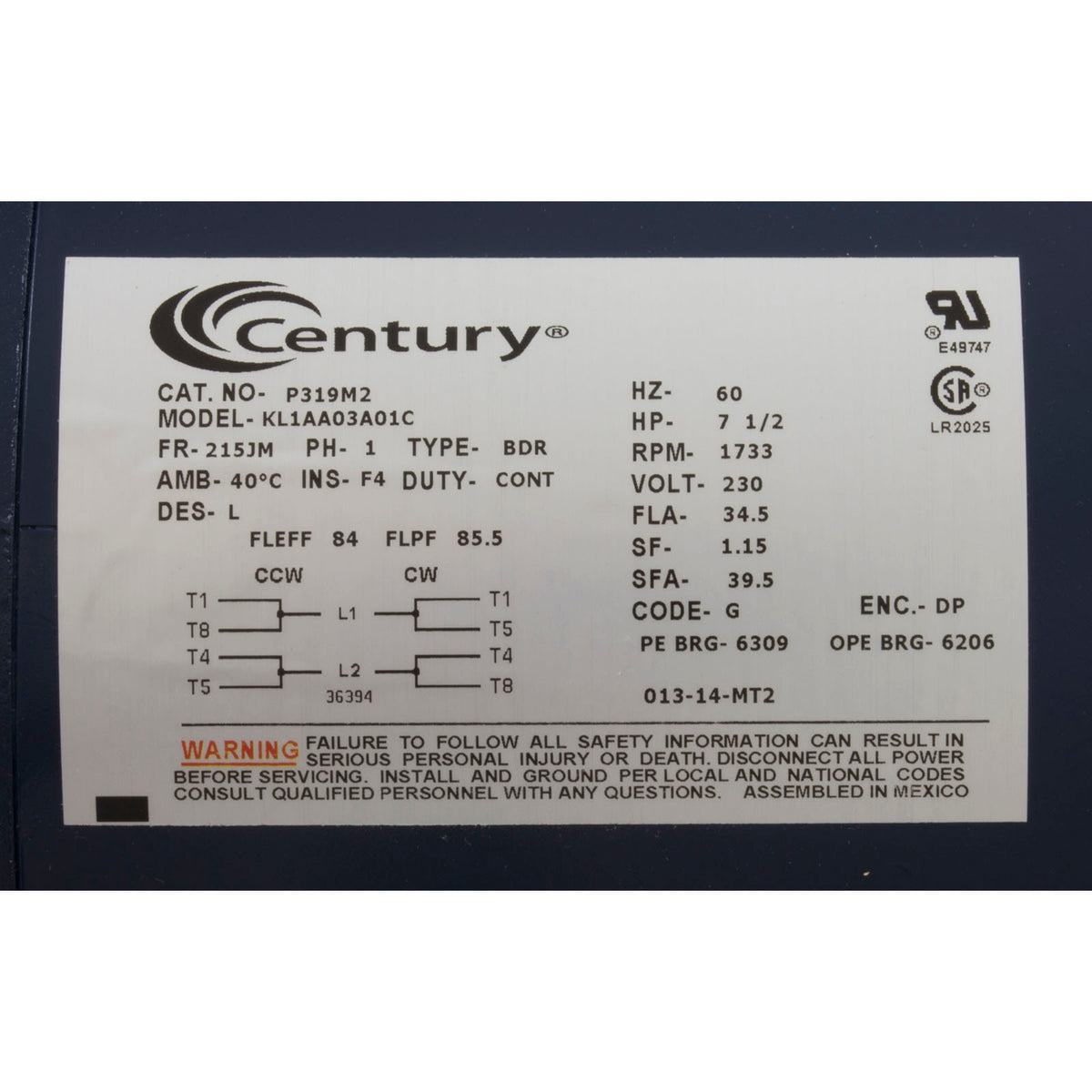 Motor, Century, 7.5hp, 230v, 1 Spd, 215JM Frame
