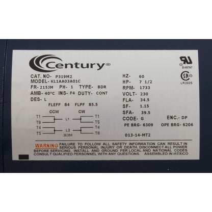 Motor, Century, 7.5hp, 230v, 1 Spd, 215JM Frame