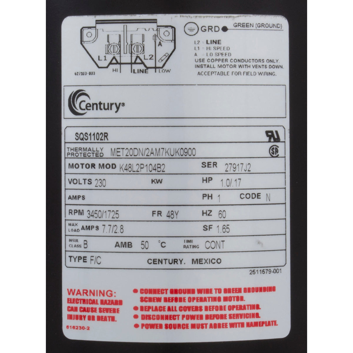 Motor, AO Smith, 1.0hp, 230v, 2-Spd, 48Yfr, SQFL, EE