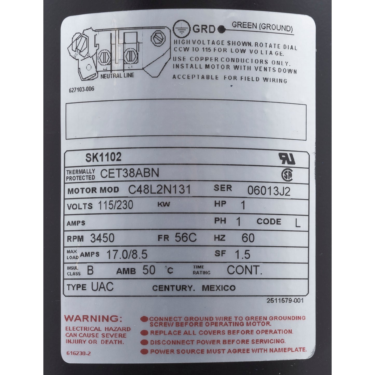 SK1102 Motor, Century, 1.0hp, 115v/230v, 1-Spd, 56Cfr, C-Face Key