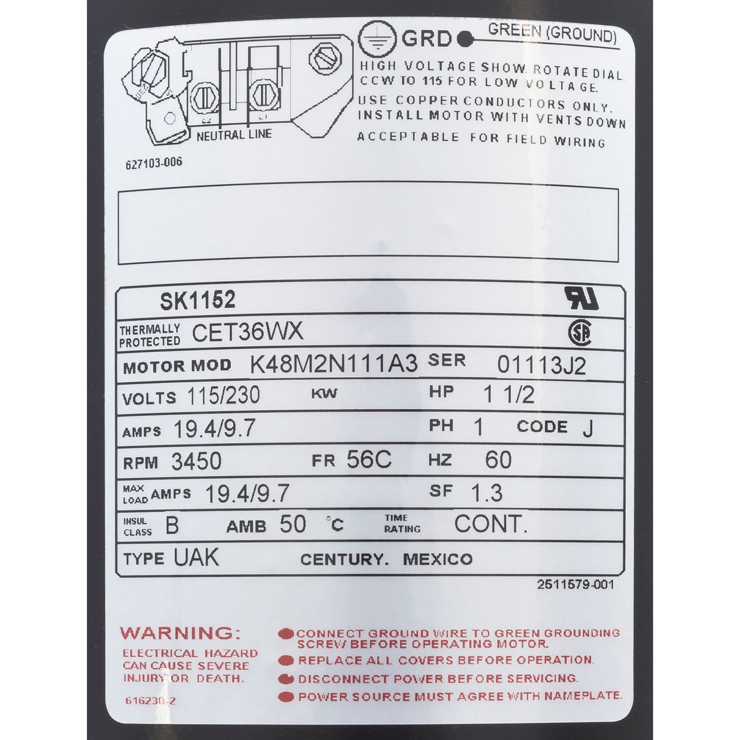 Motor Century, 1,5 hp, 115 V/230 V, 1 velocidad, 56 CFR, llave en forma de C