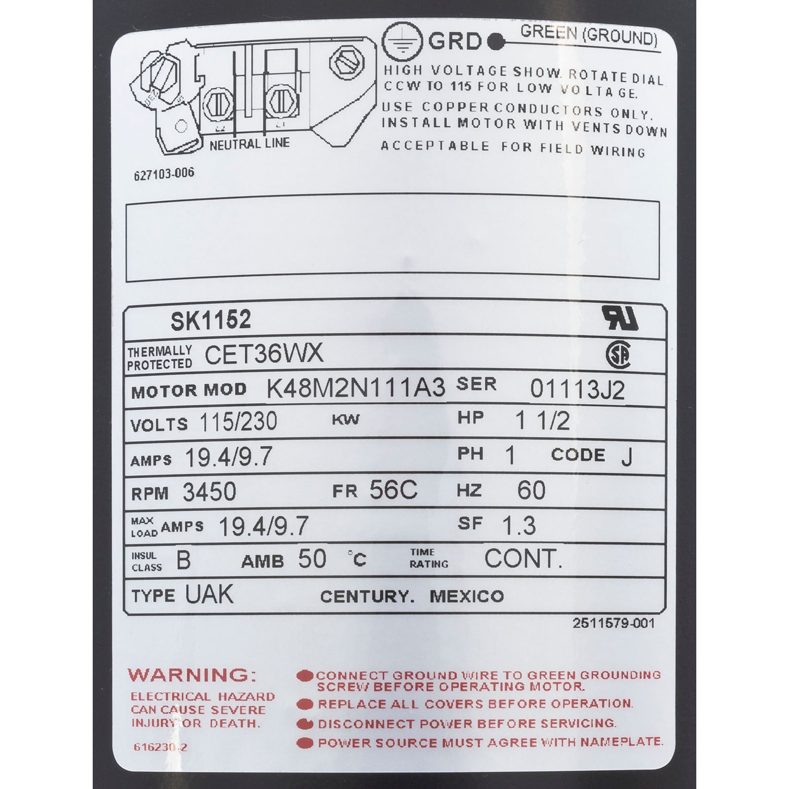 Motor, Century, 1.5hp, 115v/230v, 1-Spd, 56Cfr, C-Face Key