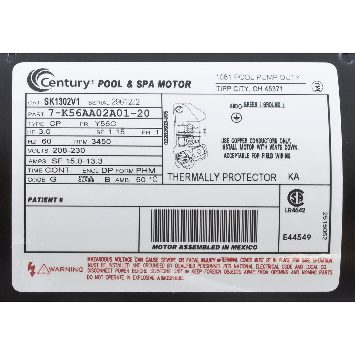 Motor, Century, 3.0hp, 230v, 1-Spd, 56Cfr, C-Face Key, EE