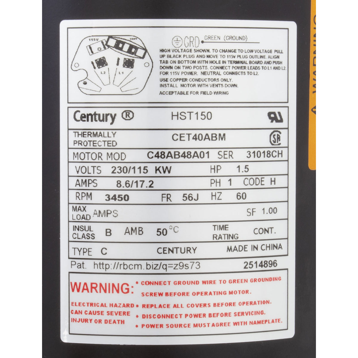 Motor, Century Centurion PRO, 1.5hp, 1-Spd, 115/230v, C-Face, 56J